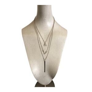 Silver Tone Layered Chain Necklace Rhinestone Triangle Bar Pendant with Extender